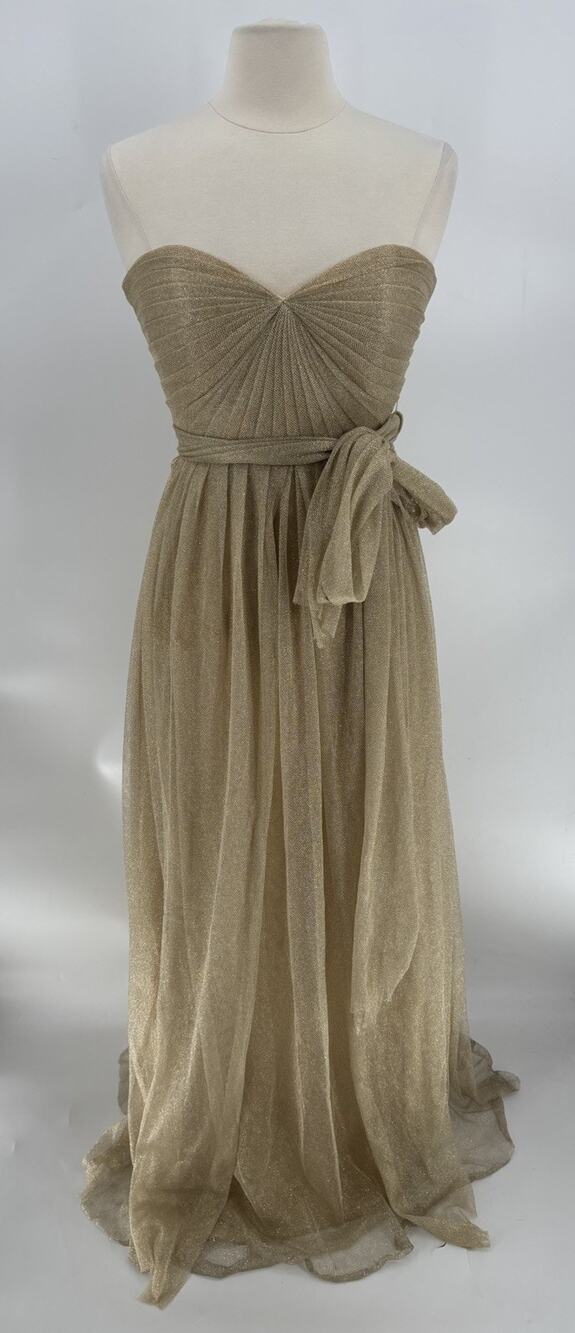 Jenny Yoo Dress Womens 8 Gold Maxi Pleated Mesh Belted Strapless Bridesmaid